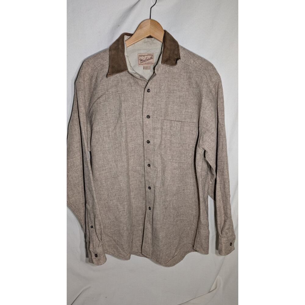 Woolrich Mens Wool Button Down Sz L Beige Brown Suede Collar Western Country‎